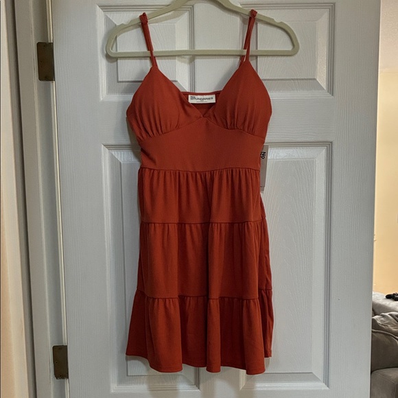 No Boundaries Rust Orange Tiered Spaghetti-Strap Mini Dress - Picture 2 of 5